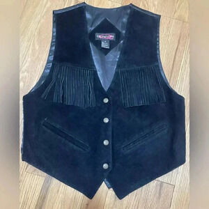 Vintage Quarters Leather Fringe Black Western Boho Women's ButtonVest Size M NWT